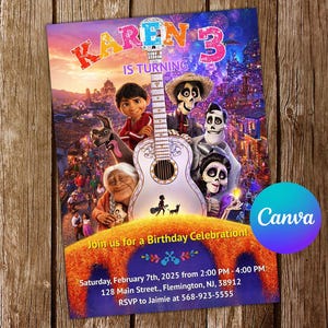 May include: A colorful birthday invitation featuring characters from the movie Coco. The invitation includes the text "Karen 3 is Turning" and event details. A large guitar is in the center of the design.