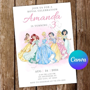 Princess Invitation Belle Birthday Invitation Ariel Party Cinderella Editable Invitation Snow White Watercolor Aurora Digital Card