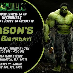 Puede incluir: Una invitación de cumpleaños con Hulk. El texto dice: "¡Estás invitado a una increíble fiesta de cumpleaños para celebrar el 5º cumpleaños de Jason!" con detalles del evento e información de RSVP. Se muestra a Hulk.
