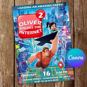 May include: A birthday party invitation featuring characters from the movie Wreck-It Ralph. The invitation is blue and red with a picture of Ralph and Vanellope. The text on the invitation reads "Oliver is turning 2, Oliver Breaks the Internet, February 16, 2:00 PM, 128 Main Street, Flemington, NJ, 38912, RSVP to 68-923-5555".