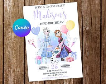 May include: A birthday invitation featuring a watercolor illustration of two girls dressed as Elsa and Anna from Frozen, with Olaf the snowman. The invitation is for Madison's third birthday and includes the date, time, and location of the party. RSVP information is also included.