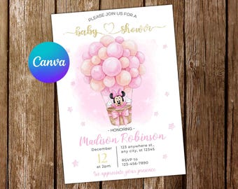 Minnie Mouse Baby Shower Invitation, Editable Canva Template, Hot Air Balloon Invite, Up Up And Away, Pink Girl Digital Download