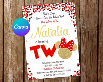 Carte numérique d'invitation Minnie Mouse rouge et or, invitation d'anniversaire Minnie Mouse, fête Minnie Mouse, carte numérique d'invitation modifiable Minnie Mouse