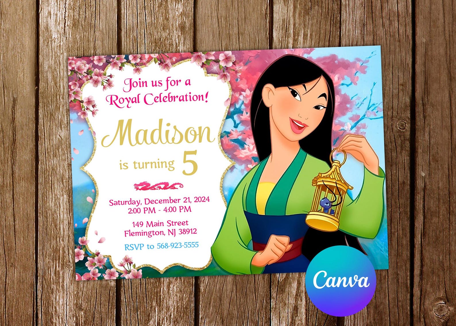 Invitación de Mulan, invitación de cumpleaños de la princesa Mulan