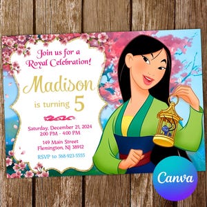 Convite Mulan Convite Aniversário Princesa Mulan Festa Mulan Convite Mulan Convite Editável Mulan