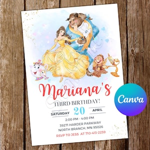 Convite A Bela e a Fera Princesa Belle Convite de Aniversário Belle Party Belle Convida Belle Convite Editável Aquarela