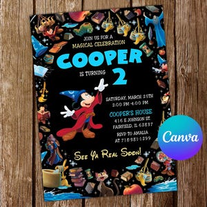 May include: Black invitation with a magical theme, featuring Mickey Mouse in a wizard outfit. The text reads "COOPER is turning 2" with event details. The design includes illustrations of magical items and characters.
