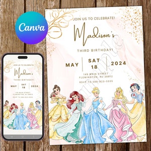 Invitación de princesa Bella Invitación de cumpleaños Fiesta de Ariel Invitación editable de Cenicienta Blancanieves Acuarela Aurora Tarjeta digital