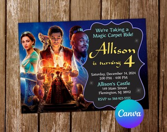 May include: A blue and purple invitation with a black background. The invitation is for a 4th birthday party for a girl named Allison. The invitation features characters from the movie Aladdin, including Aladdin, Jasmine, and Abu. The text on the invitation reads "We're Taking a Magic Carpet Ride! Allison is turning 4. Saturday, December 14, 2024, 2:00 PM - 4:00 PM, Allison's Castle, 149 Main Street, Flemington, NJ 38912, RSVP to 568-923-5555".