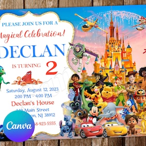 Schloss-Einladung, Schloss-Geburtstagseinladung, Prinzessin-Einladung, Mickey-Mouse-Einladung, Toy Story Party, Buzz Lightyear, editierbare Einladung