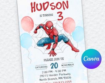 Spiderman Invitation, Editable Canva Template, Watercolor 3rd Birthday, Red Blue Balloon Party, Superhero Boy Digital