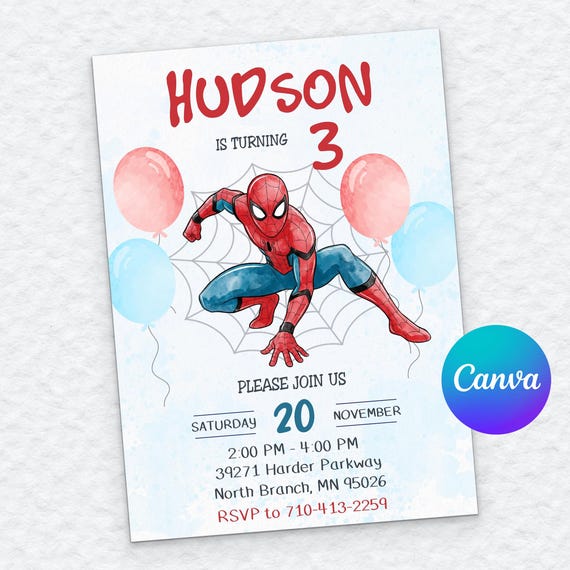 Spiderman Invitation, Editable Canva Template, Watercolor 3rd Birthday, Red Blue Balloon Party, Superhero Boy Digital