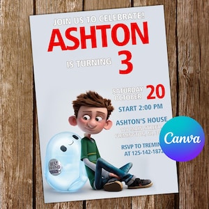 May include: A birthday party invitation featuring the name "Ashton" in large red letters, with the number "3" below. The invitation includes a cartoon illustration of a boy and a robot. The date is October 20th.
