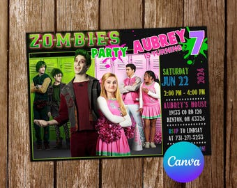 Op de afbeelding: Een zwart-groene uitnodiging voor een Z-O-M-B-I-E-S-feest. De uitnodiging toont personages uit de Disney Channel-film Z-O-M-B-I-E-S. De tekst op de uitnodiging luidt: "Aubrey wordt 7. Zaterdag 22 juni, 14:00 - 16:00 uur, Aubreys huis, 19133 Co Rd 120, Kenton, OH 43326, RSVP aan Lindsay op 731-271-5253."