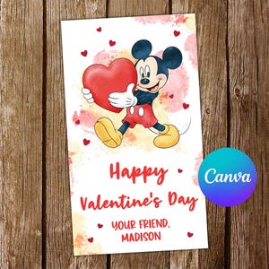 May include: Valentine's Day card featuring Mickey Mouse holding a red heart. The card has the text "Happy Valentine's Day" and "Your friend, Madison" on a white background with red heart accents. The background has a watercolor effect.