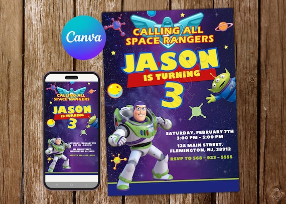 Buzz Lightyear Invitation, Editable Canva Template, Space Ranger Invite, Galaxy 3rd Birthday, Boy Digital Download