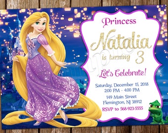 May include: A purple and gold birthday invitation featuring a cartoon image of Rapunzel from the Disney movie Tangled. The invitation says "Princess Natalia is turning 3 Let's Celebrate!" and includes details for the party, including the date, time, address, and RSVP information.