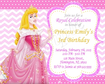 May include: A pink and gold birthday invitation with a princess illustration. The invitation reads "Join us for a Royal Celebration in honor of Princess Emily's 3rd Birthday". The invitation includes the date, time, location, and RSVP information.