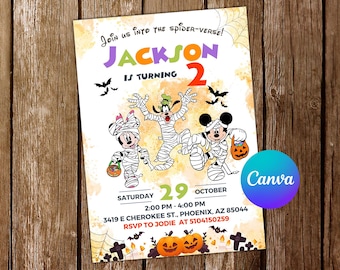 May include: A Halloween party invitation with the text "Join us into the Spider-Verse!" and "Jackson is turning 2." The invitation features illustrations of Mickey, Minnie, and Goofy dressed as mummies, along with bats and pumpkins.