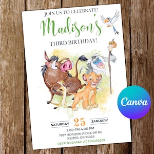 Convite Rei Leão Convite de Aniversário Rei Leão Festa Rei Leão Convite Editável Aquarela Rei Leão Cartão Digital