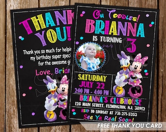 May include: A chalkboard thank you card with a colorful "Thank You!" message and a photo of a young girl. The card features a cartoon image of Minnie Mouse and Daisy Duck. The text on the card reads "Oh Toodles! Brianna is turning 3. Saturday July 22 2:00 PM - 4:00 PM Brianna's Clubhouse 128 Main Street, Flemington, NJ. 38912 RSVP to Lindsay at 731-271-5253 See Ya Real Soon! Free Thank You Card."