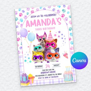 May include: A birthday invitation card featuring four cartoon kittens wearing superhero masks and a party hat. The text reads: JOIN US TO CELEBRATE! AMANDA'S THIRD BIRTHDAY! SATURDAY 24 AUGUST 2:00 PM-4:00 PM ANDREW'S HOUSE 7135 BAYFORD CT, MARIETTA, GA 90062 RSVP TO JODIE AT 5104150259.
