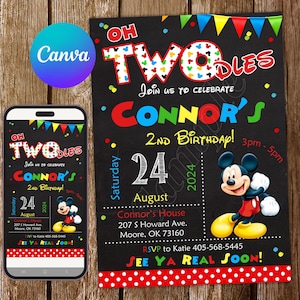 Invito di Topolino Oh Twodles Invito di compleanno di Topolino Festa di Topolino Topolino invita Scheda digitale di invito modificabile