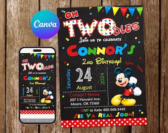 Mickey Mouse Oh Twodles Invitación Mickey Mouse Invitación de cumpleaños Mickey Mouse Fiesta Mickey Mouse Invita Invitación Editable Tarjeta Digital