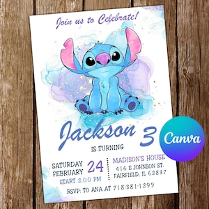 Convite Stitch Stitch Convite de Aniversário Stitch Festa Stitch Aquarela Convite Editável Stitch Cartão Digital