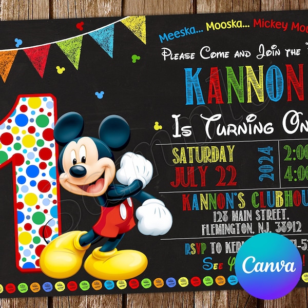 Faire-part Mickey Mouse Faire-part d'anniversaire Mickey Mouse Fête Mickey Mouse Carte numérique d'invitation modifiable