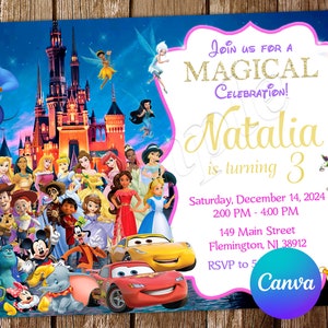 Schloss-Einladung, Schloss-Geburtstagseinladung, Prinzessin-Einladung, Mickey-Mouse-Einladung, Toy Story Party, Buzz Lightyear, editierbare Einladung