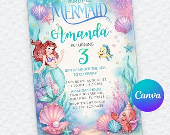 Invito di Ariel, modello Canva modificabile, terzo compleanno La Sirenetta, festa a tema acquerelli sotto il mare, per bambina.
