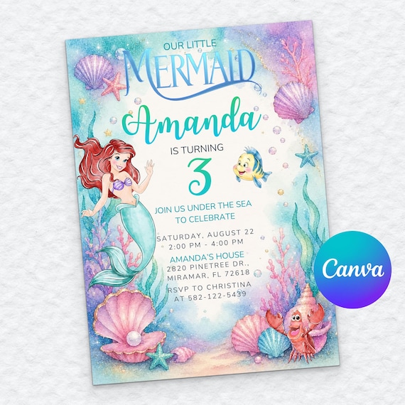 Ariel Invitation, Editable Canva Template, Little Mermaid 3rd Birthday, Watercolor Under The Sea Party, Girl Digital