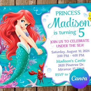 Faire-part petite sirène Faire-part d'anniversaire petite sirène Faire-part Ariel Faire-part modifiable fête d'anniversaire Ariel