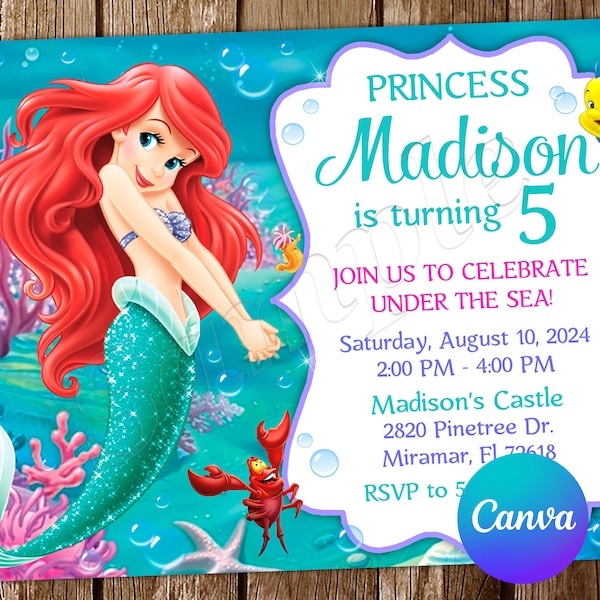 Little Mermaid Invitation Little Mermaid Birthday Invitation Ariel Invitation Ariel Birthday Party Editable Invitation