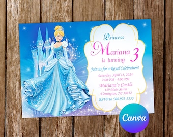 Peut inclure: Une invitation bleue et violette avec une illustration de la princesse Cendrillon. L'invitation est pour une fête d'anniversaire pour une fille nommée Mariana qui a 3 ans. Le texte sur l'invitation est "Princesse Mariana 3 ans. Rejoignez-nous pour une célébration royale ! Samedi 15 avril 2024 14h00 - 16h00 Le château de Mariana 149 Main Street Flemington, NJ 38912 RSVP au 568-923-5555".
