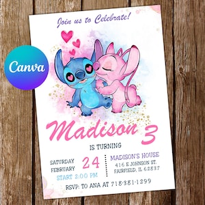 Stitch Invitation Stitch Birthday Invitation Stitch Valentines Day Party Stitch Watercolor Editable Invitation Stitch Digital Card