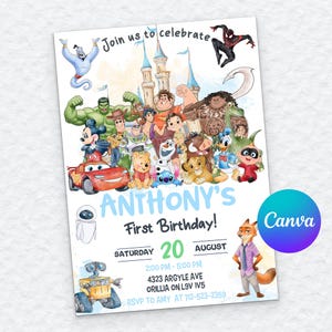 May include: A birthday party invitation featuring various cartoon characters, including Mickey Mouse, Winnie the Pooh, and characters from Disney movies. The invitation reads "Anthony's First Birthday!" with event details.