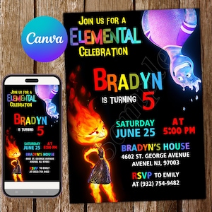 May include: A black and colorful invitation for a 5th birthday party. The invitation features characters from the movie Elemental, with the text "Join us for an Elemental Celebration, Bradyn is turning 5, Saturday June 25 at 5:00 PM, Bradyn's House, 4602 St. George Avenue, Avenel NJ, 97003, RSVP to Emily at (932) 754-9482".