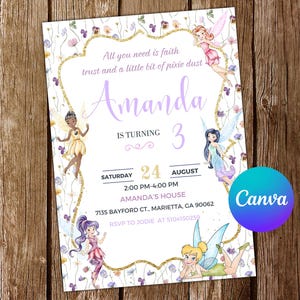 Puede incluir: Invitación de cumpleaños morada y dorada con un borde floral y un tema de hadas. La invitación dice "Todo lo que necesitas es fe, confianza y un poco de polvo de hada Amanda cumple 3 años Sábado 24 de agosto 2:00 PM-4:00 PM Casa de Amanda 7135 Bayford Ct. Marietta, GA 90062 RSVP a Jodie al 5104150259"