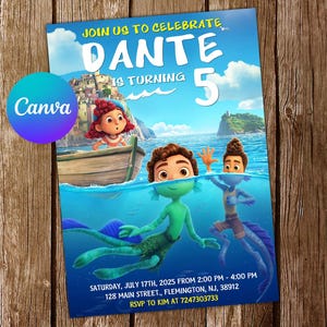 May include: A blue and green birthday invitation for a boy named Dante turning 5. The invitation features a cartoon character swimming in the ocean. The text on the invitation reads "Join us to celebrate Dante is turning 5. Saturday, July 17th, 2025 from 2:00 PM - 4:00 PM. 128 Main Street, Flemington, NJ, 38912. RSVP to Kim at 7247303733."