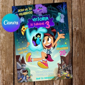 Puede incluir: Una colorida invitación de cumpleaños con personajes de dibujos animados y el texto "Victoria cumple 3". La invitación incluye la fecha, hora y lugar de la fiesta. El logotipo de Canva está en la esquina superior izquierda.