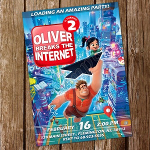 May include: A colorful invitation for a birthday party featuring characters from the movie "Ralph Breaks the Internet". The invitation says "Oliver is turning 2" and "Oliver Breaks the Internet". The invitation includes the date, time, and location of the party.