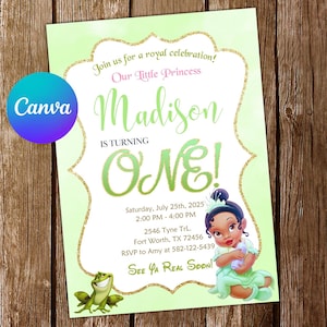 Baby Tiana Invitation Princess Baby Tiana Birthday Invitation Princess and Frog Party Tiana Invites Editable Invitation Digital Card