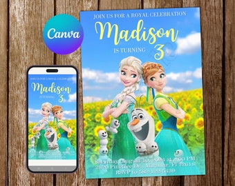 Frozen Invitation, Editable Canva Template, Olaf 3rd Birthday, Frozen Fever Sunflower Party, Summer Girl Digital