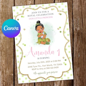 Baby Tiana Invitation Princess Baby Tiana Birthday Invitation Princess and Frog Party Tiana Invites Editable Invitation Digital Card