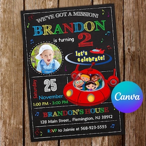May include: A black chalkboard birthday party invitation with colorful text. The invitation says "We've got a mission! Brandon is turning 2. Let's celebrate!" It also includes a picture of a young boy, a date, time, and location. The invitation has a red rocket ship with cartoon characters on it.