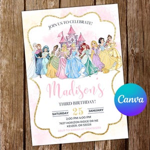 Princess Invitation Belle Birthday Invitation Ariel Party Frozen Editable Invitation Snow White Watercolor Aurora Digital Card