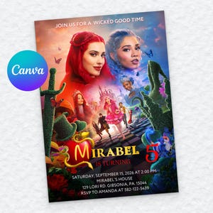 May include: A birthday invitation featuring characters with red and blue hair, a castle, and a checkered path. Text reads: JOIN US FOR A WICKED GOOD TIME, MIRABEL IS TURNING 5, SATURDAY, SEPTEMBER 15, 2026 AT 2:00 PM, MIRABEL'S HOUSE, 129 LORI RD, GIBSONIA, PA, 15044.
