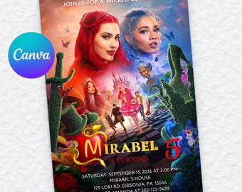 Descendants Birthday Invitation, Editable Canva Template, Wicked Wonderland Party, Red And Chloe 5th Bday, Girl Digital